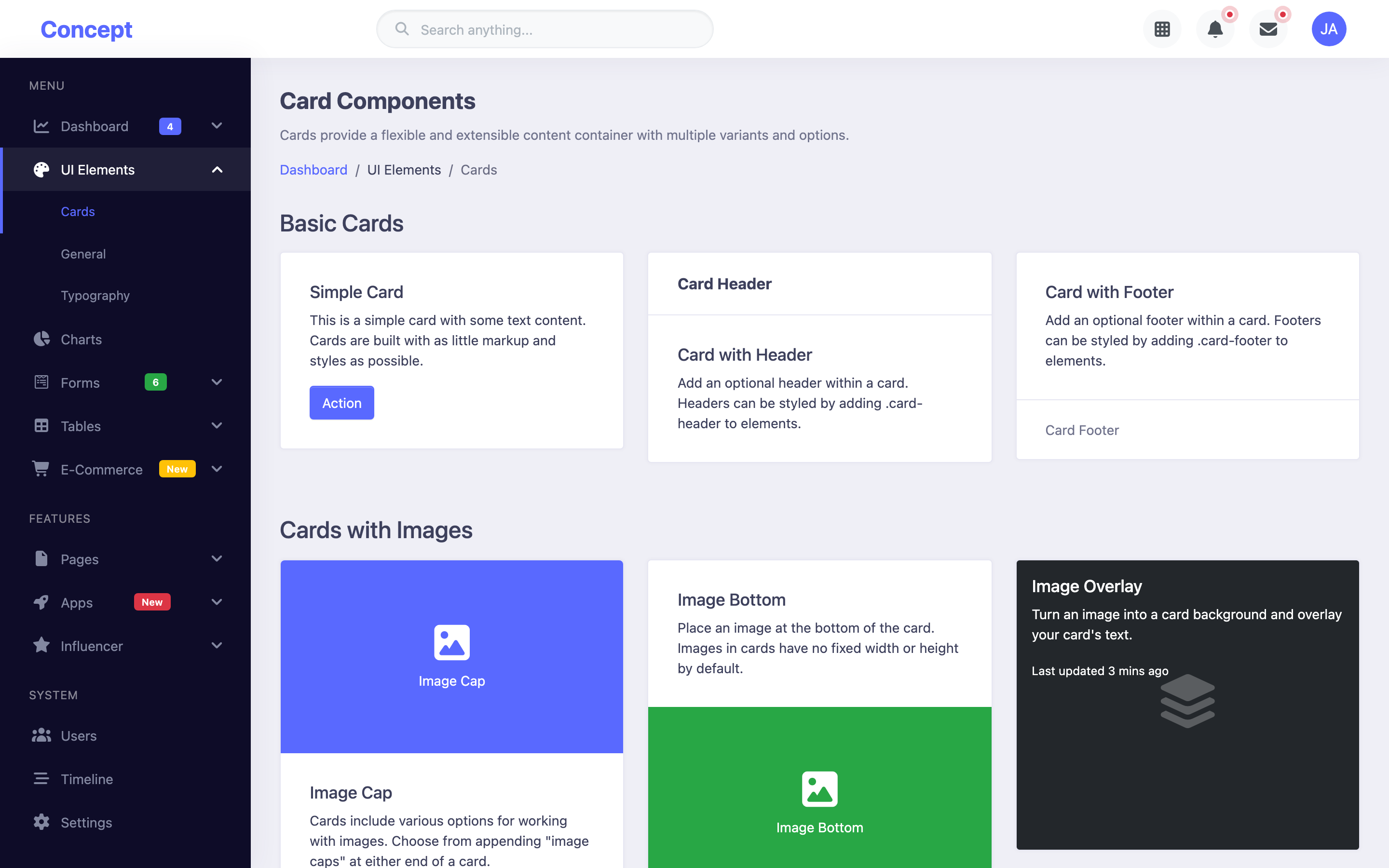 Concept UI Cards page